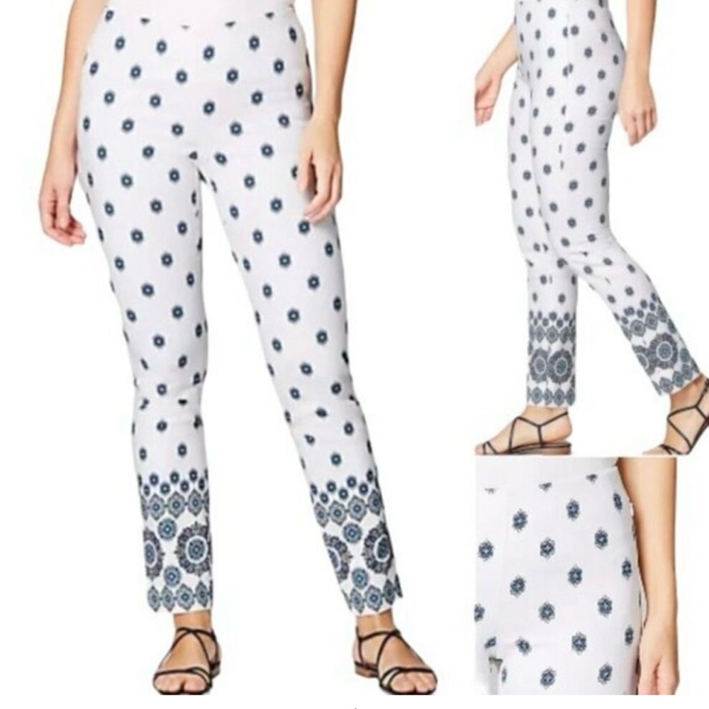 J. Jill Essential Cotton-Stretch White & Blue Print Pants Size 16